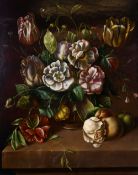 20th century, a still life of mixed flowers in a glass vase with a butterfly and insects, oil on