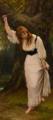William Oliver (1823-1901) British, A lady in a white dress in a woodland setting with a stream