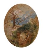 William Henry Pike (1846-1908) British. Figures Resting by a River, Watercolour, Signed, Oval, 14