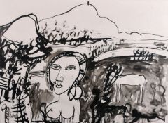 John Bellany (1942-2013) Scottish, figure in a landscape, ink & wash, signed, 24