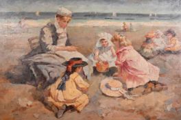 20th century school, Figures playing on a beach with yachts in the distance, oil on canvas,