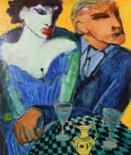 Karen Kjar Laursen (B 1954) Danish, 'Bla Time', two figures in a bar, oil on canvas, signed and