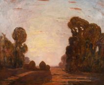 John Brown (20th century) Scottish, A tree lined landscape with a setting sun, oil on canvas,