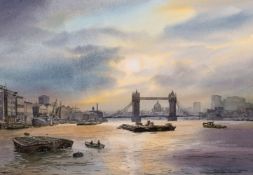 Ashton Cannell (1927-1994) British, 'Morning on the Thames', A view of Tower Bridge, watercolour,