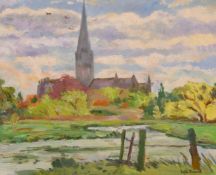 Faith Sheppard (1920-2008) British, A view of a cathedral spire from water meadows, oil on panel,