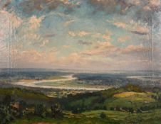 Early 20th century English school, an extensive panorama with a winding river, oil on canvas, signed