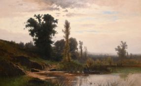 Gustave Castan (1823-1892) Swiss, Fishermen laying nets with an extensive landscape beyond, oil on