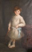 19th century school, A portrait of a young child leaning on a Moorish table and holding a whip,