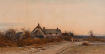 Henry John Sylvester Stannard (1870-1951) British, A horse and cart by a thatched cottage at dusk,