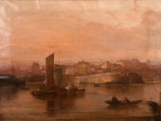 19th century English school, a Harbour scene of Bridlington with boats moored and the town in the