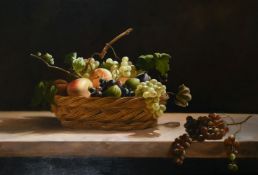 E. Hollis (20th century) A still life of mixed fruit in a wicker basket on a stone shelf, oil on
