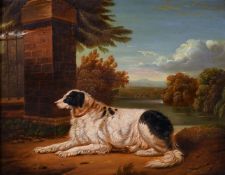 19th Century English School. Portrait of a Dog in a Parkland Landscape with a Lake beyond, Oil on