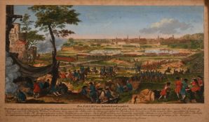 A set of three 18th century hand-coloured prints of sieges, 