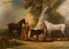 19th century English school, (William Mallon?), A scene of figures with their horses in a country