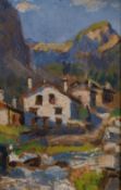 20th century Continental school, An impressionist study of an alpine valley with houses, oil on