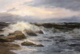 Edgar Fryberg (b.1927) German, a scene of waves breaking over a rocky coastline, oil on canvas,