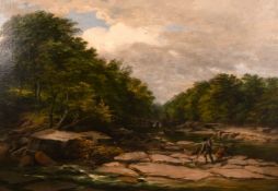 F.J. Bird (19th century) British. A rocky river landscape, with figures fishing in the foreground,