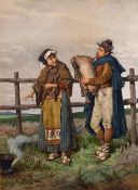 19th Century Continental School, A lady standing by a fire with a man playing a musical