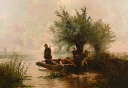 19th century English school, figures in a boat shooting ducks with a distant windmill, oil on