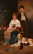 Eugenio Zampighi (1859-1944) Italian, A girl and a boy and a dog with its litter, oil on canvas,
