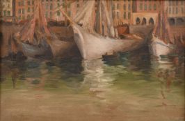 Early 20th century, boats in a continental harbour, oil on canvas, 8