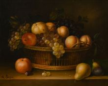 R. Casper (20th century), A still life of mixed fruit in a wire basket, oil on panel, signed, 8