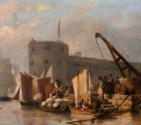Attributed to William Anderson (1757-1837. Figures unloading a barge, canvas laid down on oak panel,