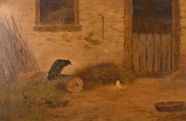 19th century English school, A farmyard scene with two birds, oil on panel, 12