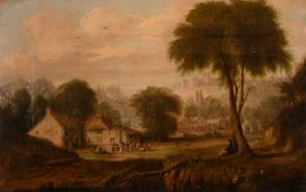 Abel Hold (1815-1891) British, The village f te with an artist in the foreground and a castle