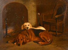 19th century English school, a study of two dogs by a fire, oil on canvas, 12