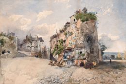 Circle of Clarkson Stanfield (1793-1867) British, street view of a hillside village, with figures in