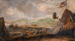 19th century school, possibly American, an encampment, oil on oak panel, 3.5