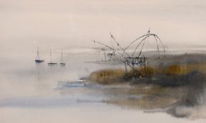 J…. Morlaine (b.1953) French. An Estuary Scene with moored vessels,