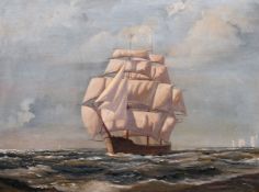 20th century British school, a view of a clipper at full sail rounding a chalky headland, oil on