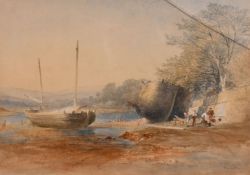 William Williams of Plymouth (1808-1895). Mending the Boats, Watercolour, Signed, 7