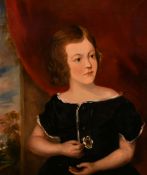 19th century English school, A portrait of a girl holding a flower, oil on canvas, 24