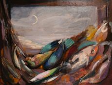 Phyllis Bray (1911-1991) British, A still life of fish and birds with a distant cove and crescent
