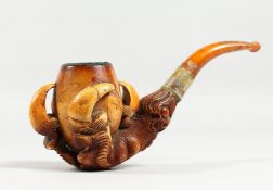 A CARVED MEERSCHAUM PIPE, the bowl and stem carved as a claw, in a fitted case.