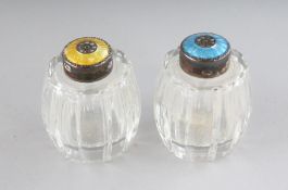 A PAR OF DANISH SILVER AND ENAMEL TOP BOTTLES. KEIKO, STERLING, DENMARK. 2ins high.