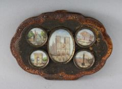 FIVE MINIATURES OF ROMAN BUILDINGS, set on the front of a purse. 2.5ins x 3.25ins.