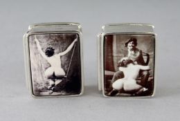 A PAIR OF SILVER EROTIC SCENE PILL BOXES.