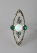 A SILVER, FAUX EMERALD AND OPAL RING.