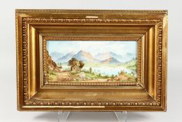 A CONTINENTAL PORCELAIN PLAQUE, mountainous river landscape, with a figure on a path, in a