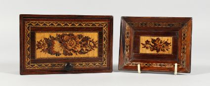 A SMALL TUNBRIDGE WARE BOX, the top inlaid with flowers, 5.5ins long, and a small tray, 4ins long.