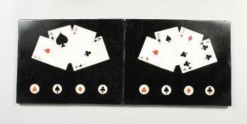 A PAIR OF ITALIAN PIETRA DURA PANELS, each inlaid with a playing card design. 10ins x 8ins.