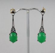 A PAIR OF 9CT GOLD AND SILVER SET JADE AND DIAMOND DROP EARRINGS.