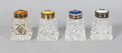 A SET OF FOUR SMALL SILVER AND ENAMEL TOP SALT AND PEPPERS.