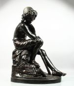 GVE NOURLET (?) A GOOD LARGE BRONZE SCULPTURE, a young boy seated on a rock holding a lizard on