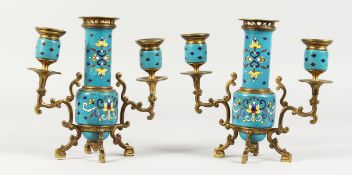 A GOOD PAIR OF 19TH CENTURY FRENCH CHAMPLEVE CHINESE DESIGN STICKS, with double scrolling branches