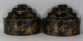 A PAIR OF TOLEWARE BLACK PLANTERS. 11ins.